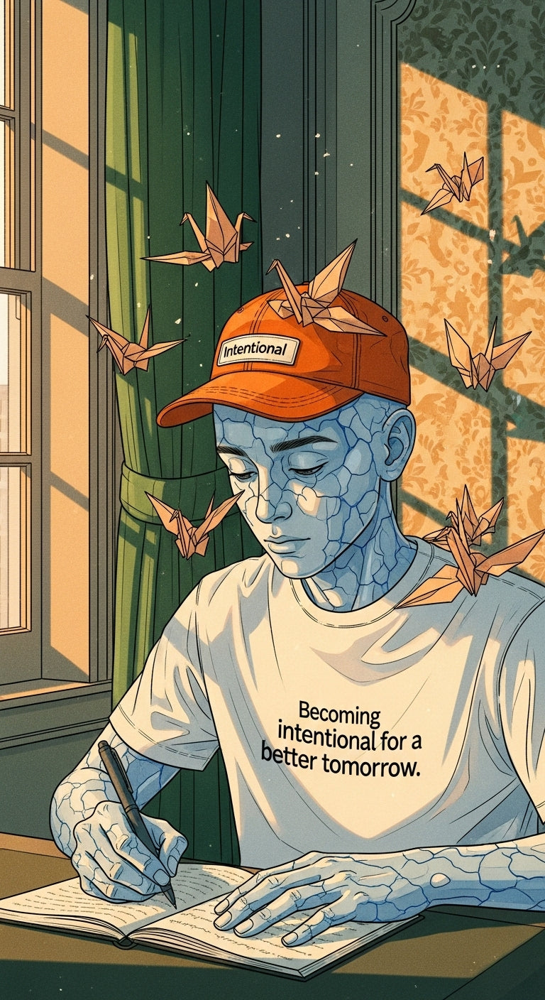 Person wearing a orange cap that says intentional and t-shirt with text that say becoming intentional for a better tomorrow, surrounded by origami cranes.