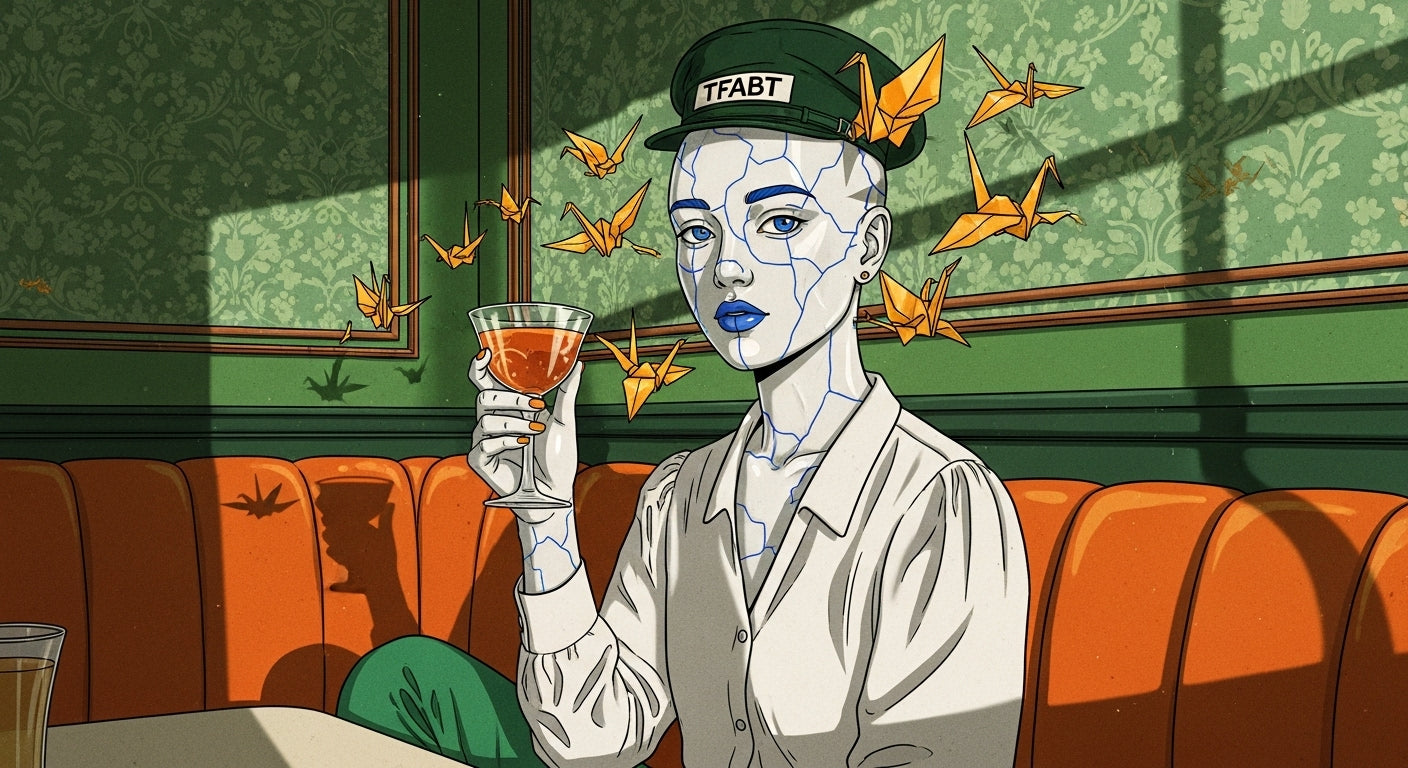 Porcelain Person sitting in a bar with a drink, surrounded by origami birds in gold, wearing a cap with text that says TFABT.
