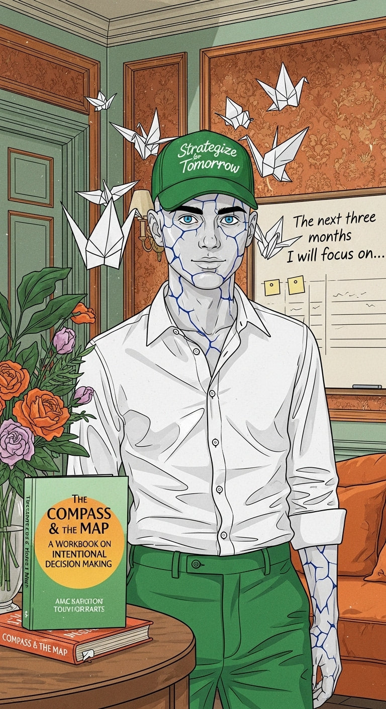Porcelain Person wearing a green cap that says Strategize for Tomorrow and white shirt in a room with the compass and the map workbook and origami cranes flying around his head. The white board behind him reads "The next three months I will Focus on..".
