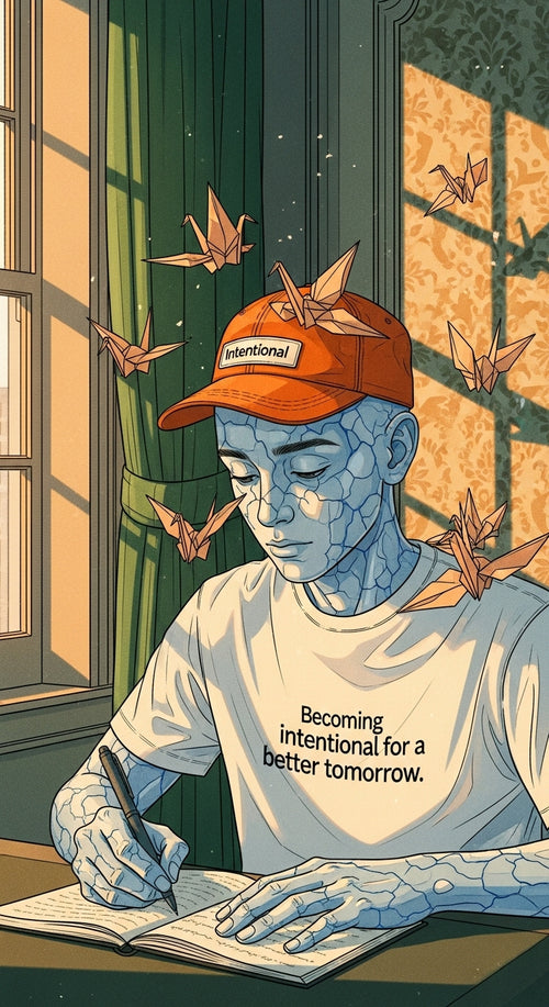 Person wearing a orange cap that says intentional and t-shirt with text that say becoming intentional for a better tomorrow, surrounded by origami cranes.