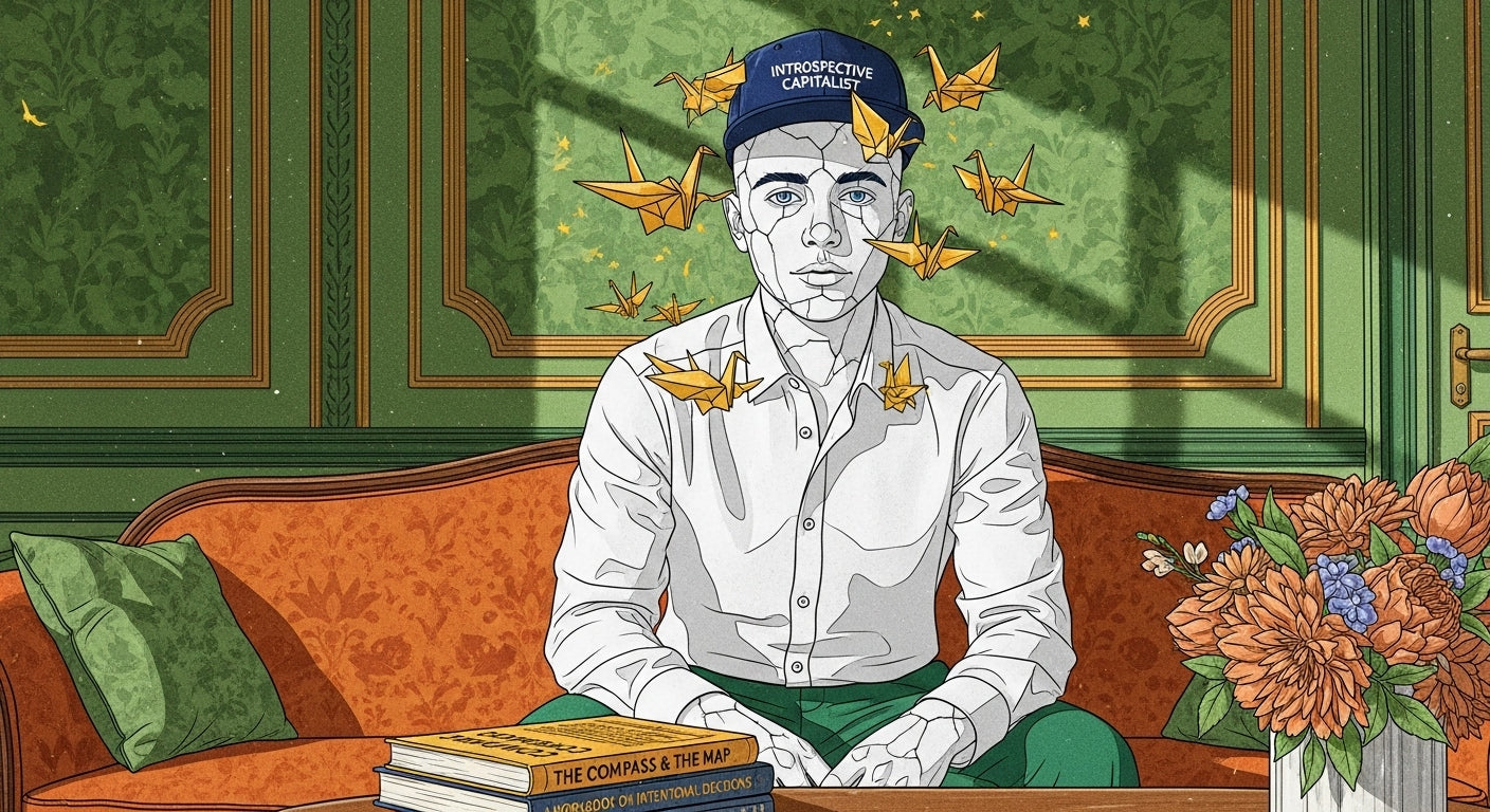Illustration of a porcelain person sitting on a couch with books and flowers, wearing a cap with text that says Introspective Capitalist.