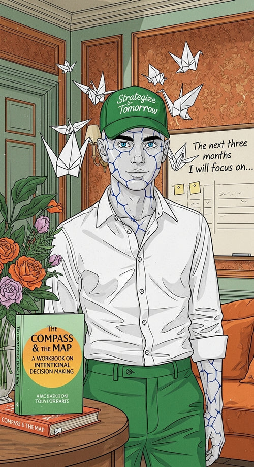 Porcelain Person wearing a green cap that says Strategize for Tomorrow and white shirt in a room with the compass and the map workbook and origami cranes flying around his head. The white board behind him reads "The next three months I will Focus on..".