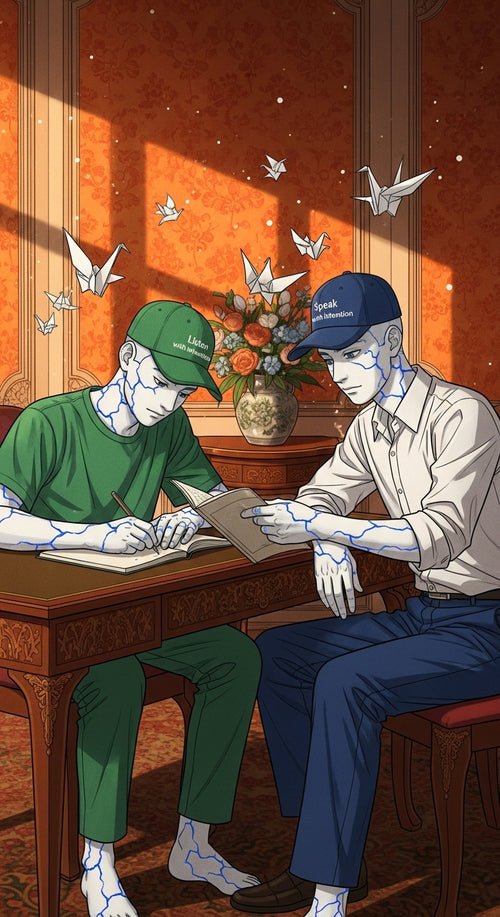 Two Porcelain people sit at a desk. One is a teacher, the other is the student. The teacher hat says speak with intention, and students hat says Listen with intention. 
