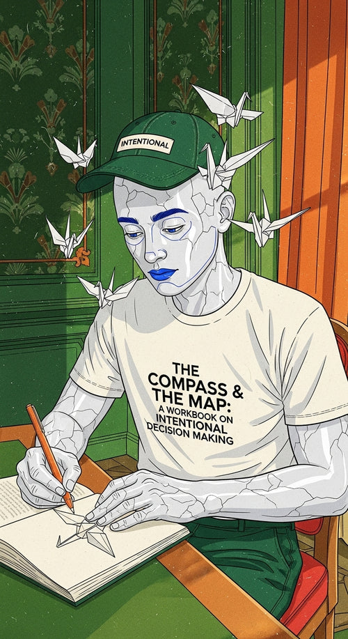 Porcelain Person Journaling at a desk with Origami birds flying around his green cap that says "Intentional" and t-shirt with text that says "The Compass  & The Map: A Workbook on Intentional Decision Making.