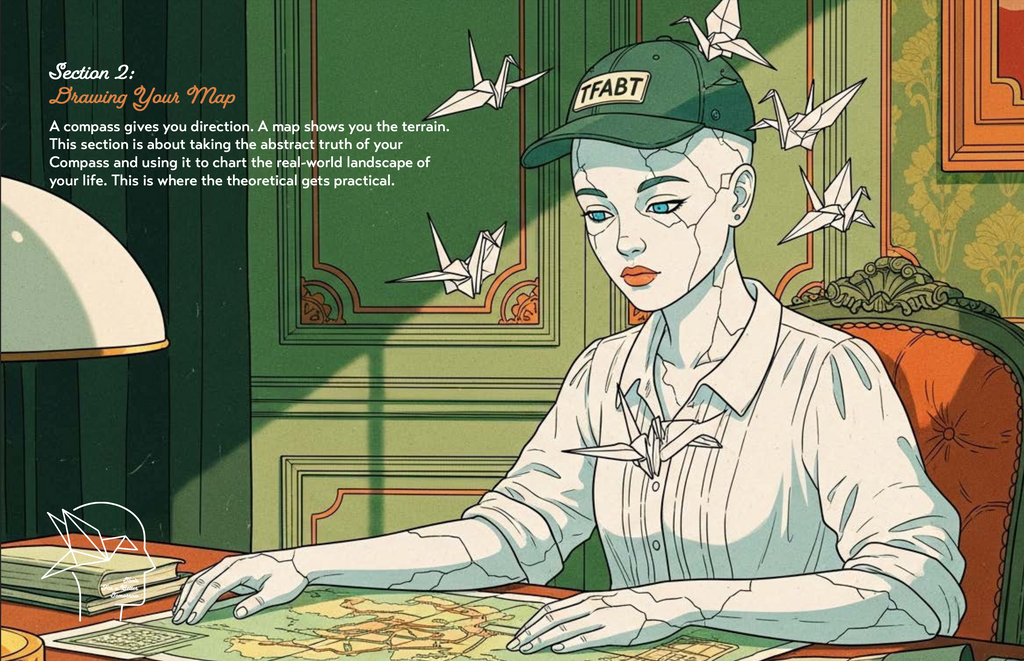 Illustration of a Porcelain person sitting at a desk with a map, wearing a cap with TFABT text, in an interior setting.