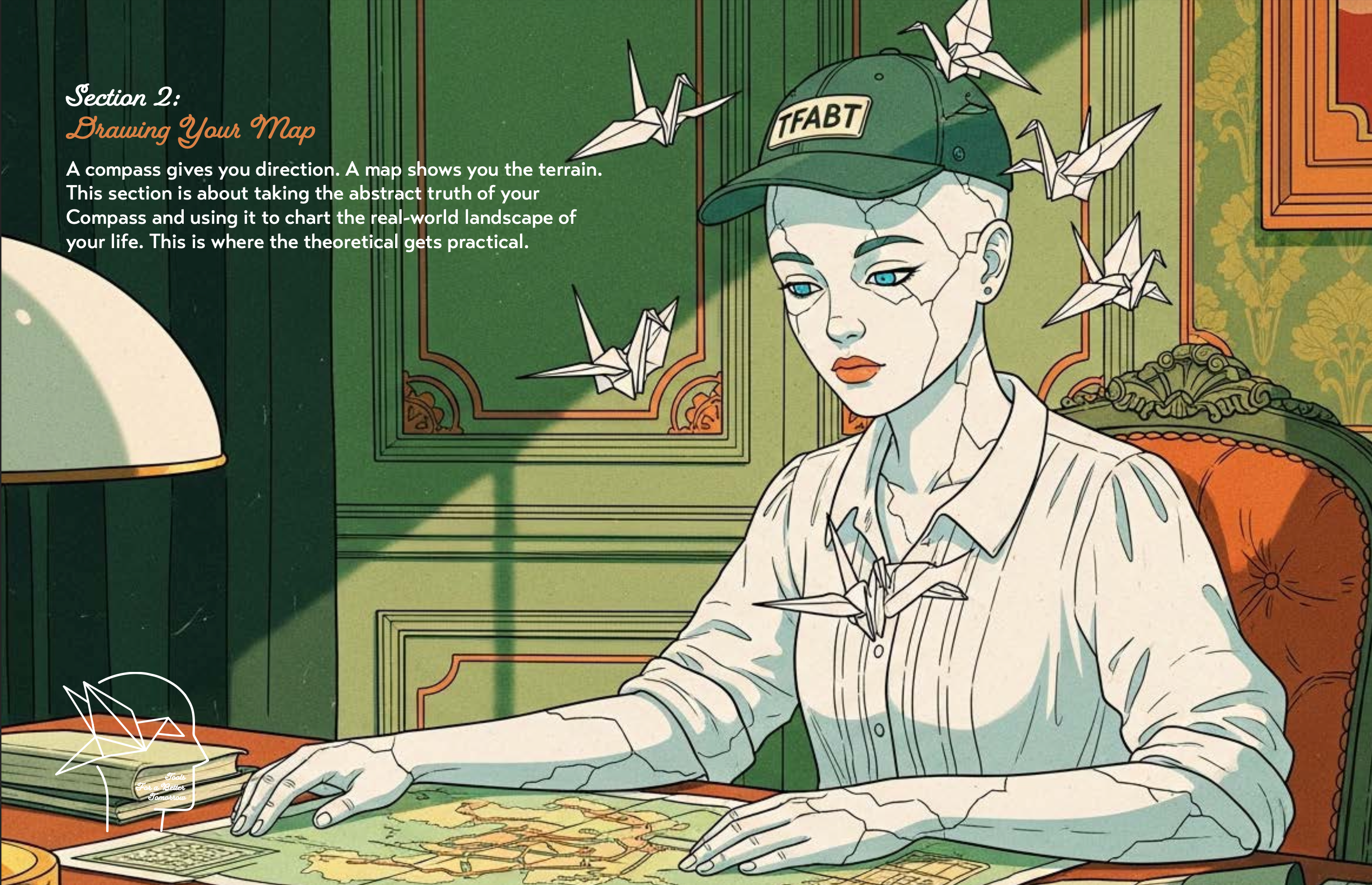 Illustration of a Porcelain person sitting at a desk with a map, wearing a cap with TFABT text, in an interior setting.