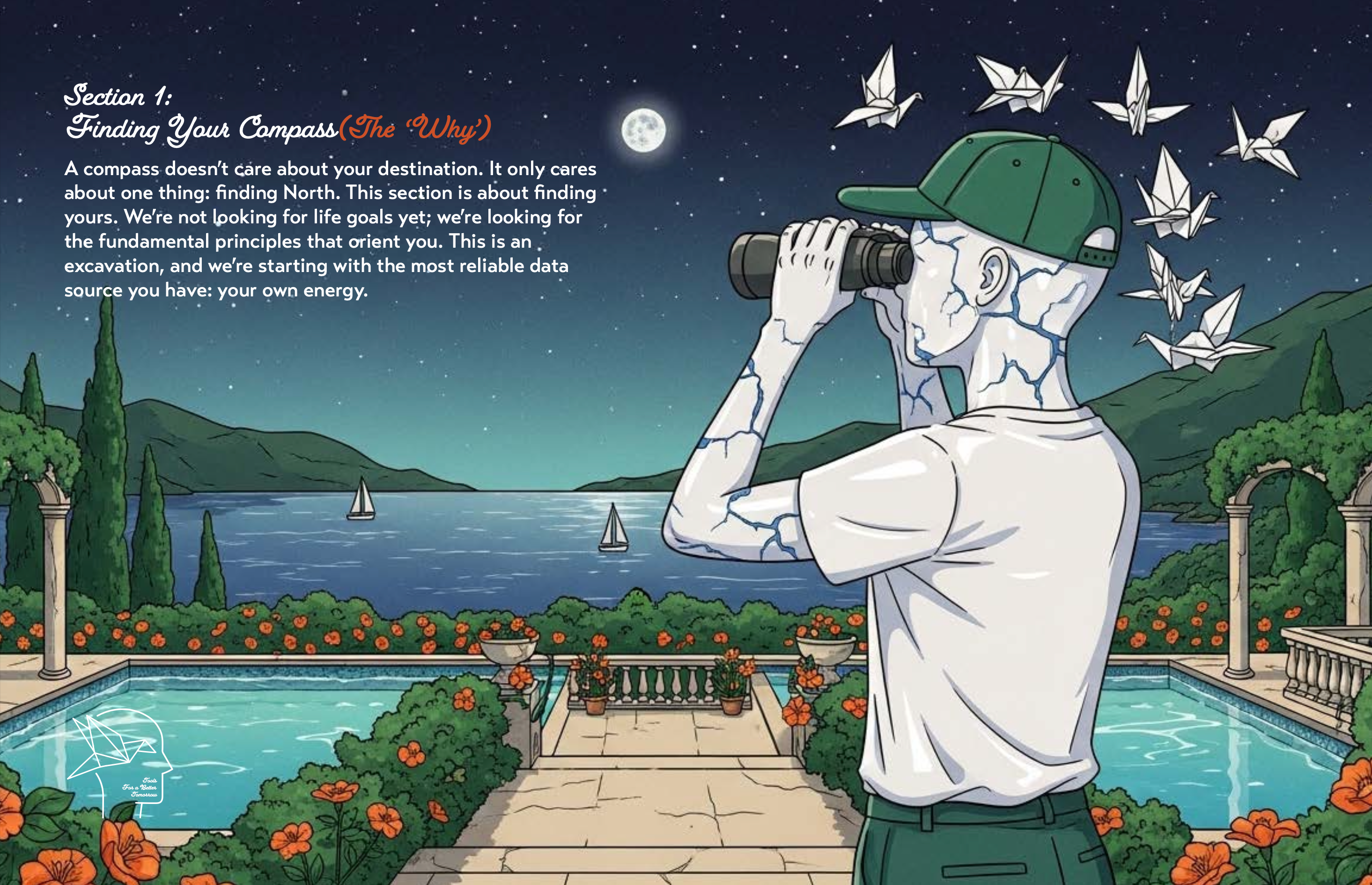 Illustration of a porcelain person with binoculars in a garden at night, with text about finding one's compass.