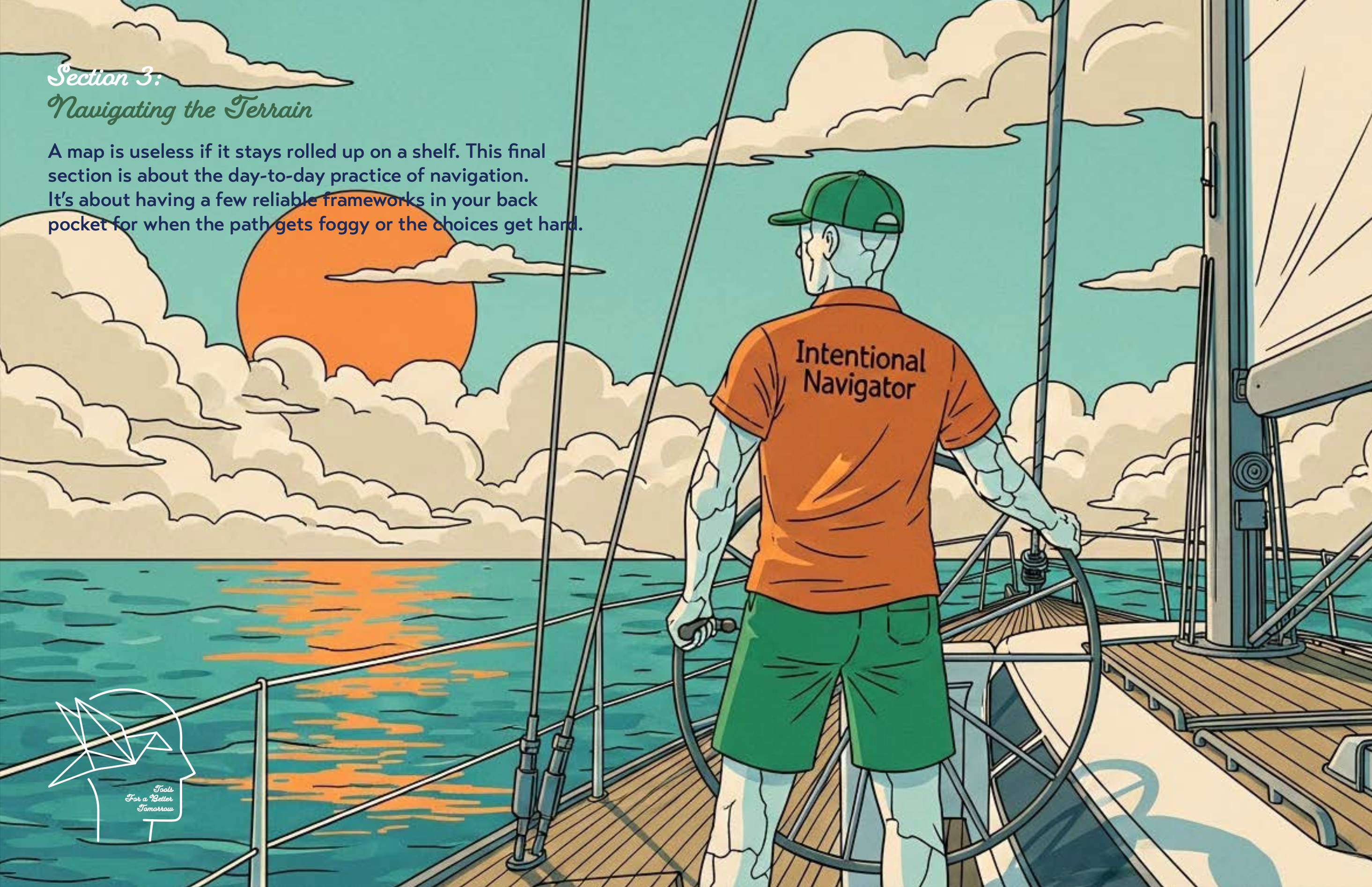 Illustration of a Porcelain person on a sailboat with 'Intentional Navigator' shirt, sunset and clouds in the background.